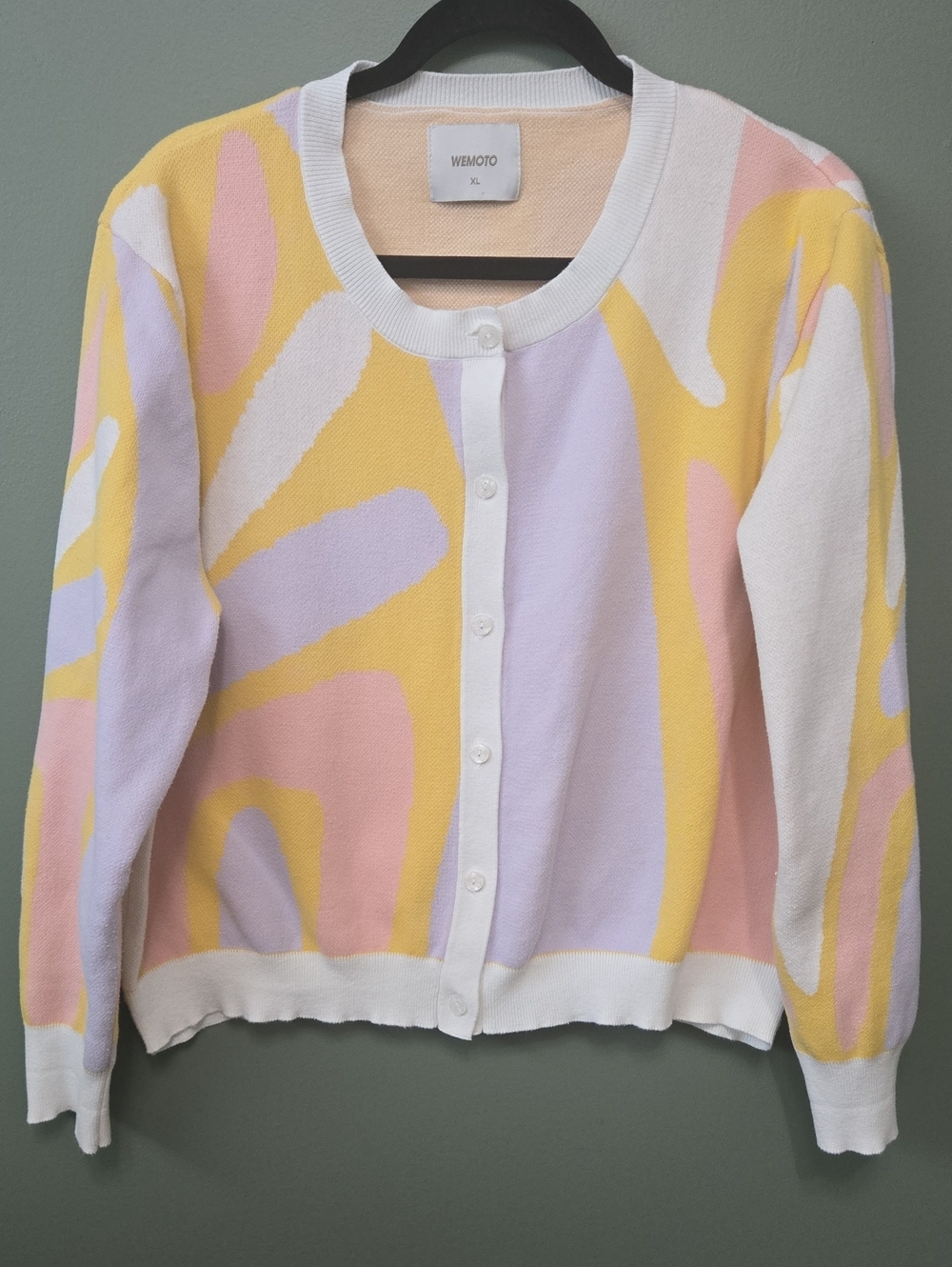 Wemoto Pastel Patterned Button-Front Sweater - Yellow/Pink/Lavender/White Sz XL